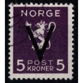 1941 - Norge - AFA 263 - Frimærke - Løve med overtryk V - 5 kr. dybviolet - Stemplet.